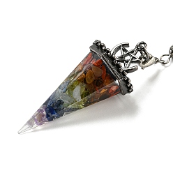 Смешанные камни Большие подвески-маятники из натуральных драгоценных камней и смолы, с реечной накладкой из латуни с фурнитурой под античное серебро, без свинца и без кадмия, шестиугольный конус, 300~305 мм