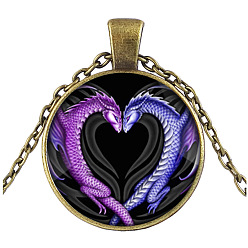 Antique Bronze Purple Dragon Theme Glass Flat Round Pendant Necklace with Alloy Chains, Antique Bronze, 27.56 inch(70cm)