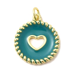 Зеленый Латунь эмаль подвески, плоские круглые подвески с полыми сердечками, без свинца и без кадмия, долговечный, стойки покрытие, реальный 18 k позолоченный, зелёные, 20.5~21x18x2.5 мм, отверстие : 3.4 мм
