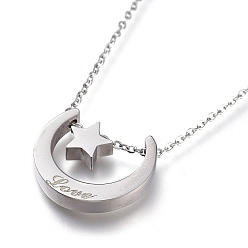 Stainless Steel Color 304 Stainless Steel Pendant Necklaces, for Valentine's Day, with Lobster Claw Clasps, Moon with Star, Word Love, Stainless Steel Color, 16-1/8 inch(41cm)
