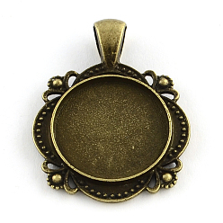 Antique Bronze Tibetan Style Alloy Flat Round Pendant Cabochon Settings, Cadmium Free & Nickel Free & Lead Free, Antique Bronze, Tray: 20mm, 37x28x3mm, Hole: 6x4mm, about 206pcs/1000g