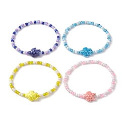 Mixed Color Sea Turtle Porcelain Bead Stretch Bracelets, with Glass Seed Beads, Mixed Color, Inner Diameter: 2-1/4 inch(5.6cm), 4 color, 1pc/color, 4pcs/set