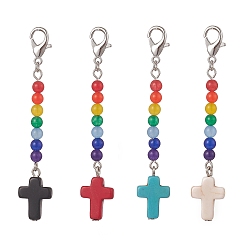 Mixed Color Synthetic Turquoise Cross with Natural Dyed Malaysia Jade Round Beaded Pendant Decoration, Mixed Color, 69.5mm