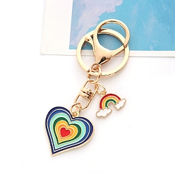 Marine Blue Zinc Alloy Enamel Rainbow Heart Keychain, with Metal Key Rings and Lobster Claw Clasps, Marine Blue, 9cm