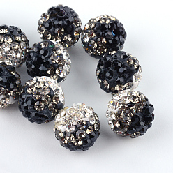 Jet Two-Tone Color Handmade Polymer Clay Disco Ball Beads, with Glass Rhinestone, Jet, 9~10mm, Hole: 2mm