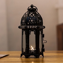Black Elements of Ramadan Lantern Shape Iron with Glass Candlestick, Metal Wind Lamp Decoration Ornament, Black, 7x6.2x15.8cm
