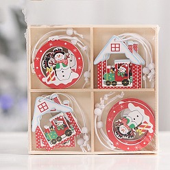 Mixed Color Christmas Wooden Box Set Pendant Decoration, for Christmas Tree Hanging Ornaments, House & Snowman, Mixed Color, 60mm, 12pcs/set