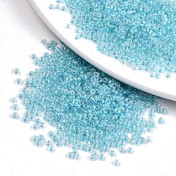 Sky Blue 8/0 Glass Seed Beads, Inside Colours, Round Hole, Round, Transparent Colours Rainbow, Sky Blue, 8/0, 3~4x2~3mm, Hole: 0.8mm, about 15000pcs/bag