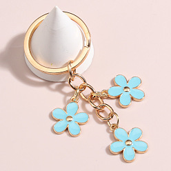 Light Sky Blue Cute Flower Keychains, Alloy Enamel Pendant Keychains, with Iron Findings, Light Sky Blue, 8.5x3cm