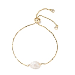 Golden Oval Natural Pearl Beaded Slider Bracelet, Brass Jewelry for Women, Golden, Inner Diameter: 3/8~2-1/2 inch(1~6.4cm)