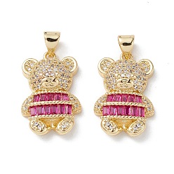 Medium Violet Red Brass Micro Pave Cubic Zirconia Pendants, Real 16K Gold Plated, Bear Charms, Medium Violet Red, 22x14x5mm, Hole: 5x3.5mm
