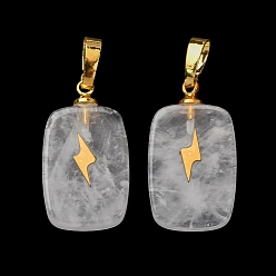 Хрусталь Природного кварца хрустальных подвесок, с латунной фурнитурой и 304 кабошонами из нержавеющей стали, золотые, Прямоугольные подвески с узором в виде молний, 23~23.5x13~13.5x3.5~4 мм, отверстие : 7.5x4 мм