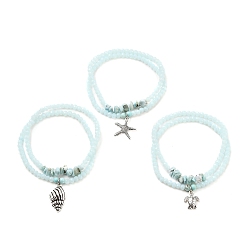 Light Cyan Stretch Bracelets Sets, Stackable Bracelets, with Mixed Shapes Alloy Pendants, Rondelle Glass Beads, Natural Larimar & Turquoise(Dyed) Beads, Antique Silver, Light Cyan, Inner Diameter: 2-1/8 inch(5.5cm), 2pcs/set