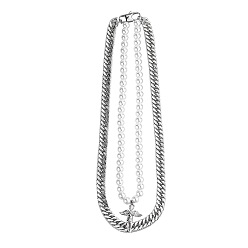Stainless Steel Color Titanium Steel Cuban Link & Imitation Pearl Beaded Chains Double Layer Necklace, with Fairy Pendant, Stainless Steel Color, 17.72 inch(45cm)