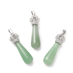 Green Aventurine Natural Green Aventurine Pendants, Teardrop Charms, with Brass Crystal Rhinestone Crown Findings, Platinum, Cadmium Free & Lead Free, 36~39x9.5~11mm, Hole: 5x8mm