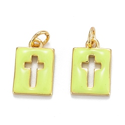 Желтый Латунь эмаль прелести, реальный 18 k позолоченный, долговечный, прямоугольник с крестом, желтые, 14.5x9.5x2 мм, отверстие : 3 мм, Перейти кольцо: 5x0.8 мм