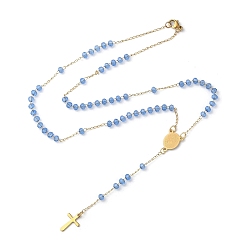Cornflower Blue Glass Rosary Bead Necklaces, Vacuum Plating Golden 304 Stainless Steel Cross Pendant Necklace, Cornflower Blue, 18.11~18.94 inch(46~48.1cm)