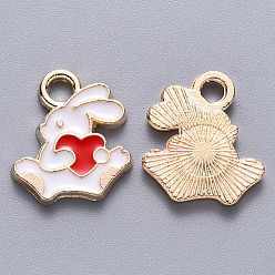Red Alloy Enamel Charms, Rabbit with Heart, Light Gold, Red, 13.5x12x1.5mm, Hole: 2mm
