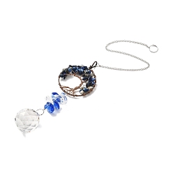 Blue Lapis Lazuli Pendant Decoration, Hanging Suncatcher, with Brass Rings, Flat Round Alloy Frame and Iron Findings, Teardrop, Blue, 376x2mm, Hole: 10mm