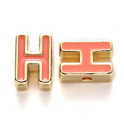 Letter H Rack Plating Alloy Enamel Beads, Cadmium Free & Nickel Free & Lead Free, Light Gold, Coral, Letter.H, H: 10x7x4.5mm, Hole: 1.6mm