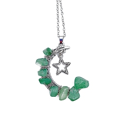 Green Aventurine Natural Green Aventurine Chips Moon with Alloy Star Pendant Necklaces, with Stainless Steel Chains, 18.90~19.69 inch(48~50cm)