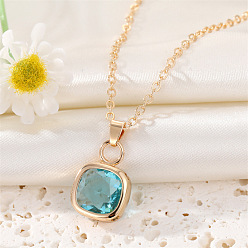 Lake blue square necklace. Stylish Crystal Geometric Necklace with Square Diamonds and French Gold Trim