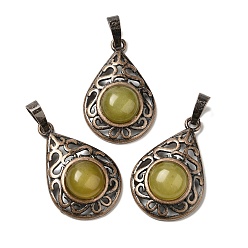 Белый Нефрит Крашеные натуральный белый нефрит подвески, латунные подвески-капли, Красная медь, без свинца и без кадмия, шампанское желтый, 30x19.5x7.5 мм, отверстие : 5x8 мм