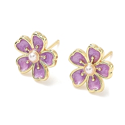 Средняя Орхидея Серьги-гвоздики с цветочным рисунком из латуни и АБС-пластика с жемчугом, с эмалью, без кадмия и без свинца, долговечный, стойки покрытие, реальный 18 k позолоченный, средне орхидеи, 12.5x13 мм