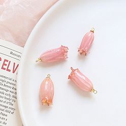 Pink Opaque Resin Pendants, Flower Charms, with Golden Tone Brass Findings, Pink, 21x11mm