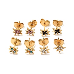 Mixed Color Rhinestone Flower Stud Earrings with 316 Surgical Stainless Steel Pins, Gold Plated 304 Stainless Steel Jewelry for Women, Mixed Color, 8x8mm, Pin: 0.8mm