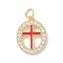 Красный Подвески из латуни с микропаве из прозрачных кубических цирконий и эмали, овальные с поперечными прелести, с целью перехода в кольце, без свинца и без кадмия, долговечный, стойки покрытие, реальный 18 k позолоченный, красные, 17.5x13.5x2 мм, отверстие : 3.4 мм