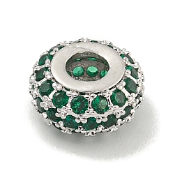 Зеленый Стойки обшивки латунь микро проложить кубического циркония бусы, долговечный, без свинца и без кадмия, рондель, платина, зелёные, 9.5x5 мм, отверстие : 3 мм