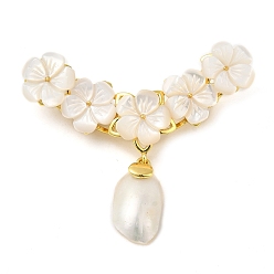 Golden Peach Blossom Flower Natural White Shell Brooches for Women, with Brass Branch, Real Gold Plated, Golden, 44x50x6.5mm