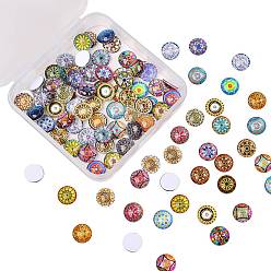 Mixed Color 100Pcs Glass Cabochons, DIY Accessories for Jewelry Making, Flat Round with Retro Mixed Pattern, Mixed Color, 10x3.5mm, 1bag/box