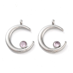 Light Rose 304 Stainless Steel Pendants, with Rhinestone, Stainless Steel Color, Double Horn/Crescent Moon Charm, Light Rose, 18x15x2.5mm, Hole: 1.8mm