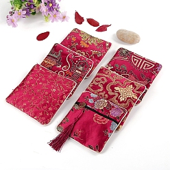 Crimson Square Chinese Style Brocade Zipper Bags with Tassel, for Bracelet, Necklace, Random Pattern, Crimson, 11.5x11.5cm