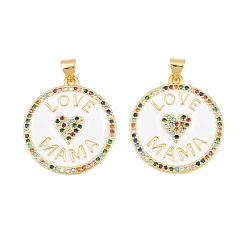 Белый Латунные микро проложить кубического циркония подвески, с эмалью, без кадмия и без свинца, реальный 18 k позолоченный, стойки покрытие, долговечный, Плоские круглые подвески со словом «любовь, мама», День матери, белые, 28x25x2 мм, отверстие : 3x5 мм