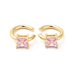 Pearl Pink Cubic Zirconia Square Open Cuff Earrings, Real 18K Gold Plated Brass Jewelry for Women, Cadmium Free & Nickel Free & Lead Free, Pearl Pink, 15x18x7mm