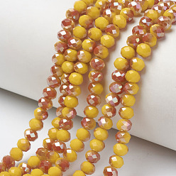 Gold Electroplate Opaque Solid Color Glass Beads Strands, Half Plated, Rainbow Plated, Faceted, Rondelle, Gold, 6x5mm, Hole: 1mm, about 85~88pcs/strand, 16.1~16.5 inch(41~42cm)