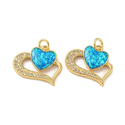 Real 18K Gold Plated Valentine's Day Brass Micro Pave Cubic Zirconia with Synthetic Opal Pendants, with Jump Ring, Flat Round, Real 18K Gold Plated, 15x19x3.5mm