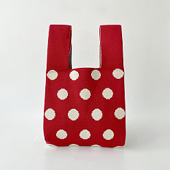 FireBrick Polyester Polka Dot Knitted Tote Bags, Cartoon Crochet Handbags for Women, FireBrick, 36x20cm