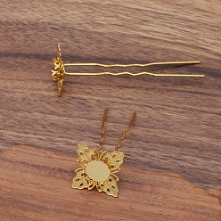 Golden Iron Hair Fork Findings, with Brass Flower, Round Tray, Long-Lasting Plated, Golden, 75x10mm