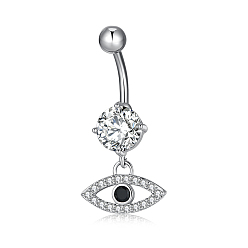 Platinum Piercing Jewelry, Brass Cubic Zirconia Navel Ring, Belly Rings, with 304 Stainless Steel Bar, Lead Free & Cadmium Free, Horse Eye, Mixed Color, Platinum, 33x15mm, Bar Length: 3/8"(10mm), Bar: 14 Gauge(1.6mm)