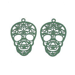 Green 430 Stainless Steel Filigree Pendants, Spray Painted, Etched Metal Embellishments, Skull, Green, 23x15x0.5mm, Hole: 1.2mm