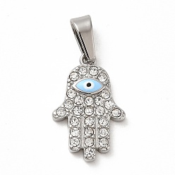 Stainless Steel Color 304 Stainless Steel Micro Pave Clear Cubic Zirconia Pendants, with Enamel, Hamsa Hand, Stainless Steel Color, 20x13x2.5mm, Hole: 7x3.5mm