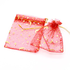 Red Hot Stamping Rectangle Organza Drawstring Gift Bags, Storage Bags with Moon and Star Print, Red, 9x7cm