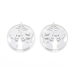 Stainless Steel Color Halloween Skull 201 Stainless Steel Pendants, Flat Round, Laser Cut, Stainless Steel Color, 35x33x1mm, Hole: 1.5mm