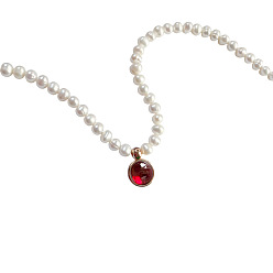 Красный Стеклянные плоские круглые ожерелья с подвесками в стиле камня, с цепочками из бисера с имитацией жемчуга, красные, 15.75 дюйм (40 см)