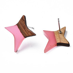 Hot Pink Transparent Resin & Walnut Wood Stud Earrings, with 304 Stainless Steel Pin, Star, Hot Pink, 21x17~18mm, Pin: 0.7mm