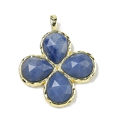 Синий Авантюрин Натуральный синий авантюрин (окрашенный и нагретый) граненые подвески, Подвески в виде клевера с латунными застежками с гальваническим покрытием., золотые, 30~31x25.5x5.5~6 мм, отверстие : 4x3 мм